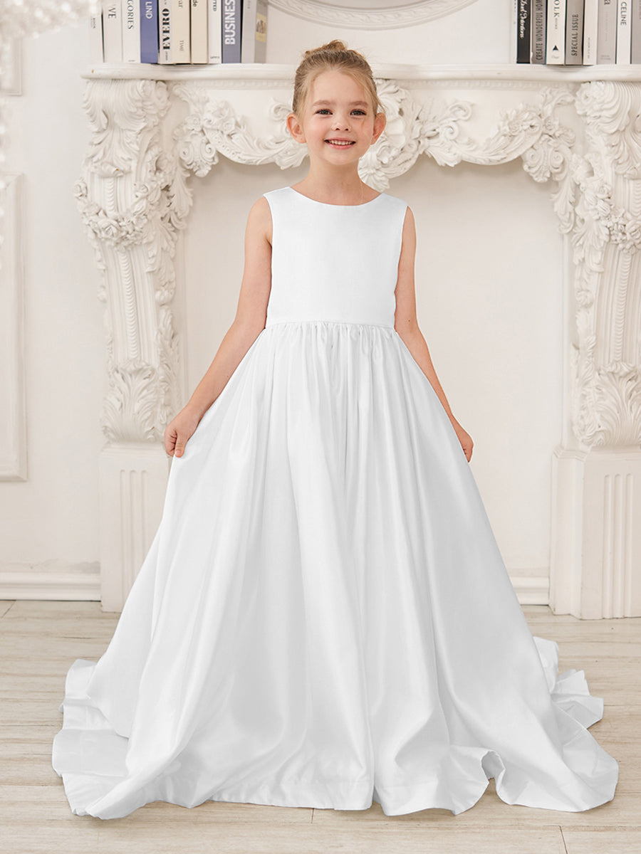 A-Line Princess Sleeveless Satin Flower Girl Dress with Sweep Train and Bow