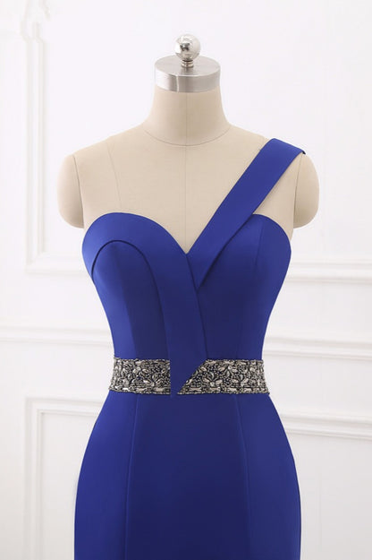 Okdais Royal Blue Prom Dress One Shoulder Mermaid Long Backless Dress With Beads ZP0074