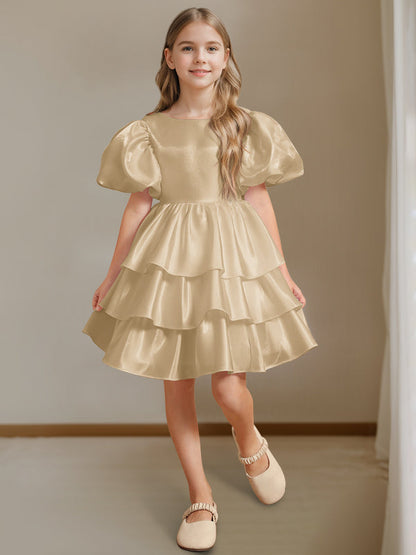 Ball-Gown Round Neck Short Sleeves Knee-Length Flower Girl Dress with Bowknot