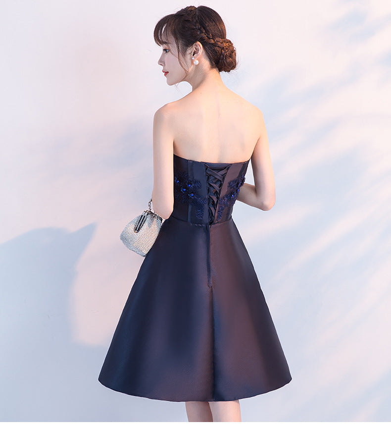 Cute satin short prom dress lace evening dress  8939