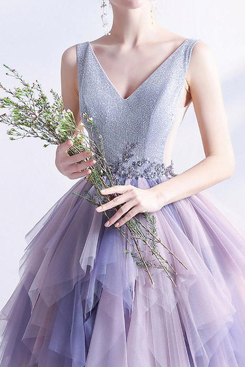 Edgynewlook Sleeveless Long Prom Dress V-Neck Tulle Layered With Beads Online