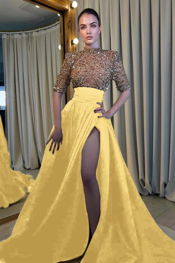 Black And Champagne Prom Dress Long Sleeves Mermaid Slit ED0628