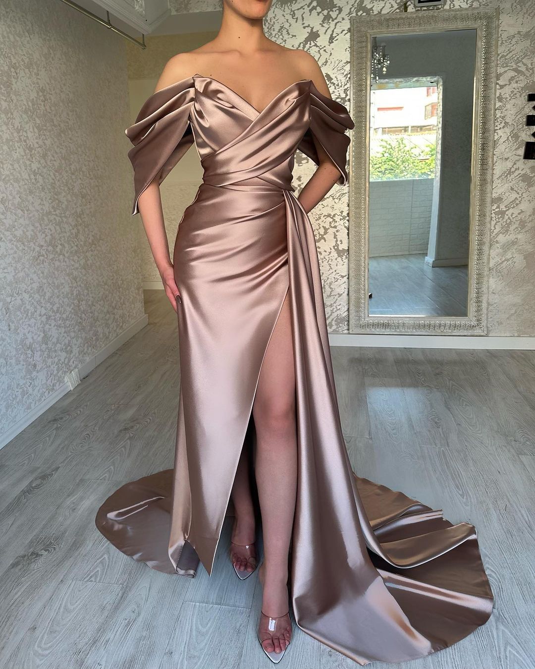 Dusty Pink Prom Dress Off The Shoulder V Neck Split Pleated YH0027