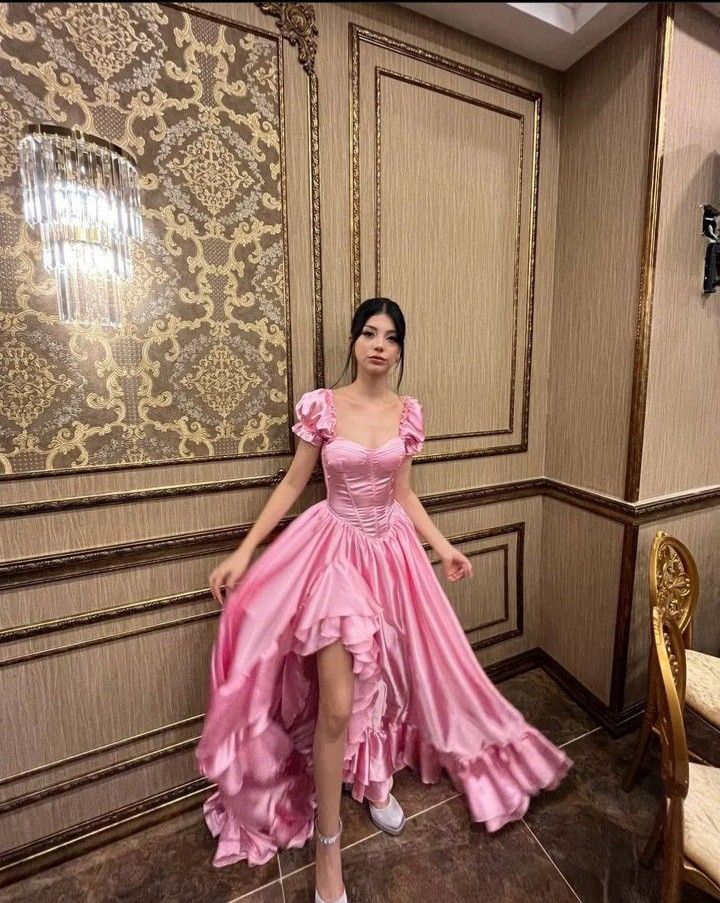 Pink Retro Elegant Sweet Short Sleeve Long Ruffles Backless Lace-up Long Satin Evening Dress Birthday Party Dress Homecoming Dress gh3144