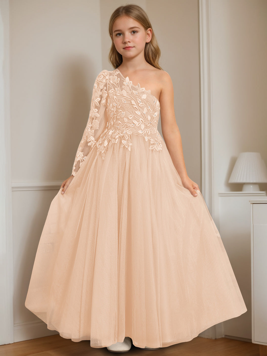 A-Line/Princess One-Shoulder Floor-Length Flower Girl Dress with Appliques