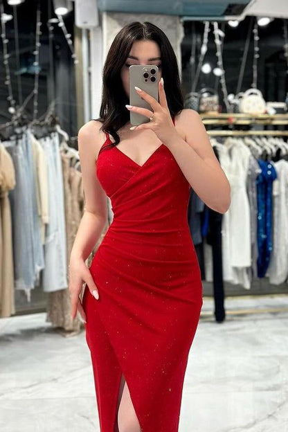 edgynewlook Charming Red Sequins Spaghetti Strap Sleeveless V Neck Prom Dress with Pleated