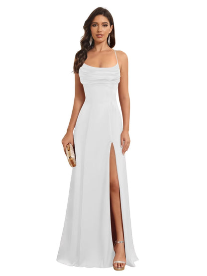 A-Line Spaghetti Straps Sleeveless Floor Length Bridesmaid Dresses Satin With Split Slide