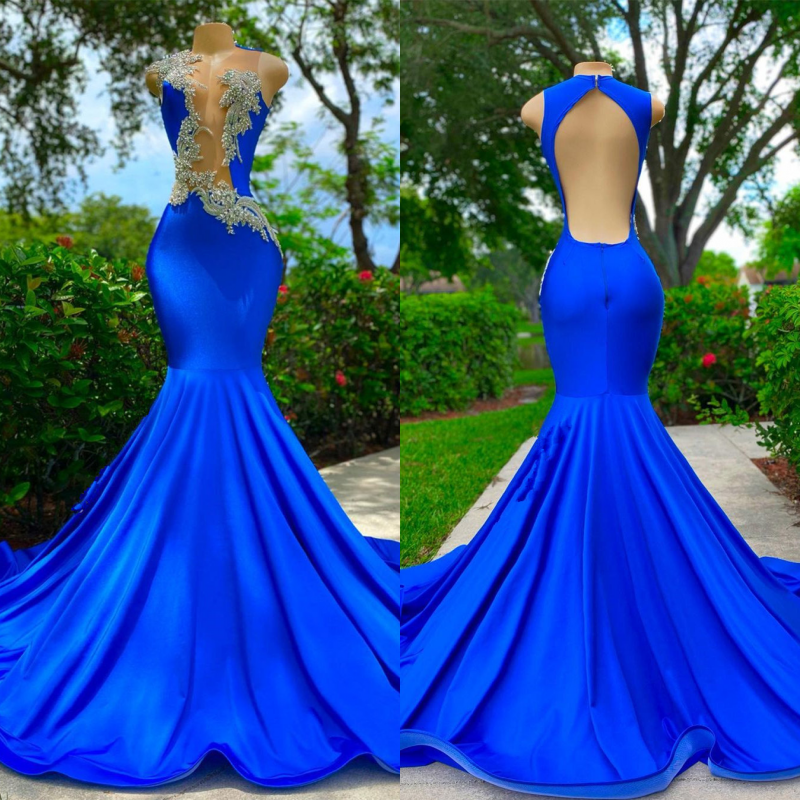 Royal Blue Mermaid Prom Dress Sleeveless Sexy Cut Out Appliques YL0100