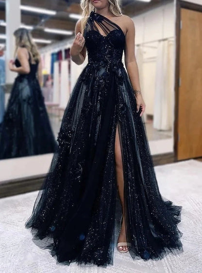 A-Line/Princess One-Shoulder Floor-length Prom Dresses