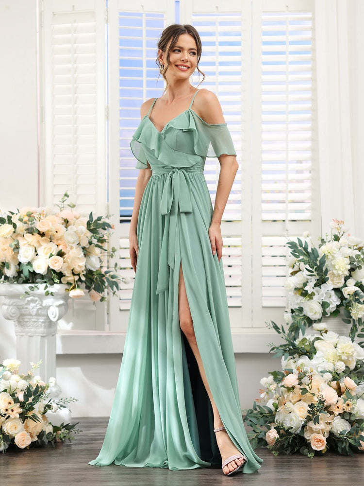 A-Line/Princess V-Neck Spaghetti Straps Floor-Length Bridesmaid Dresses with Pockets