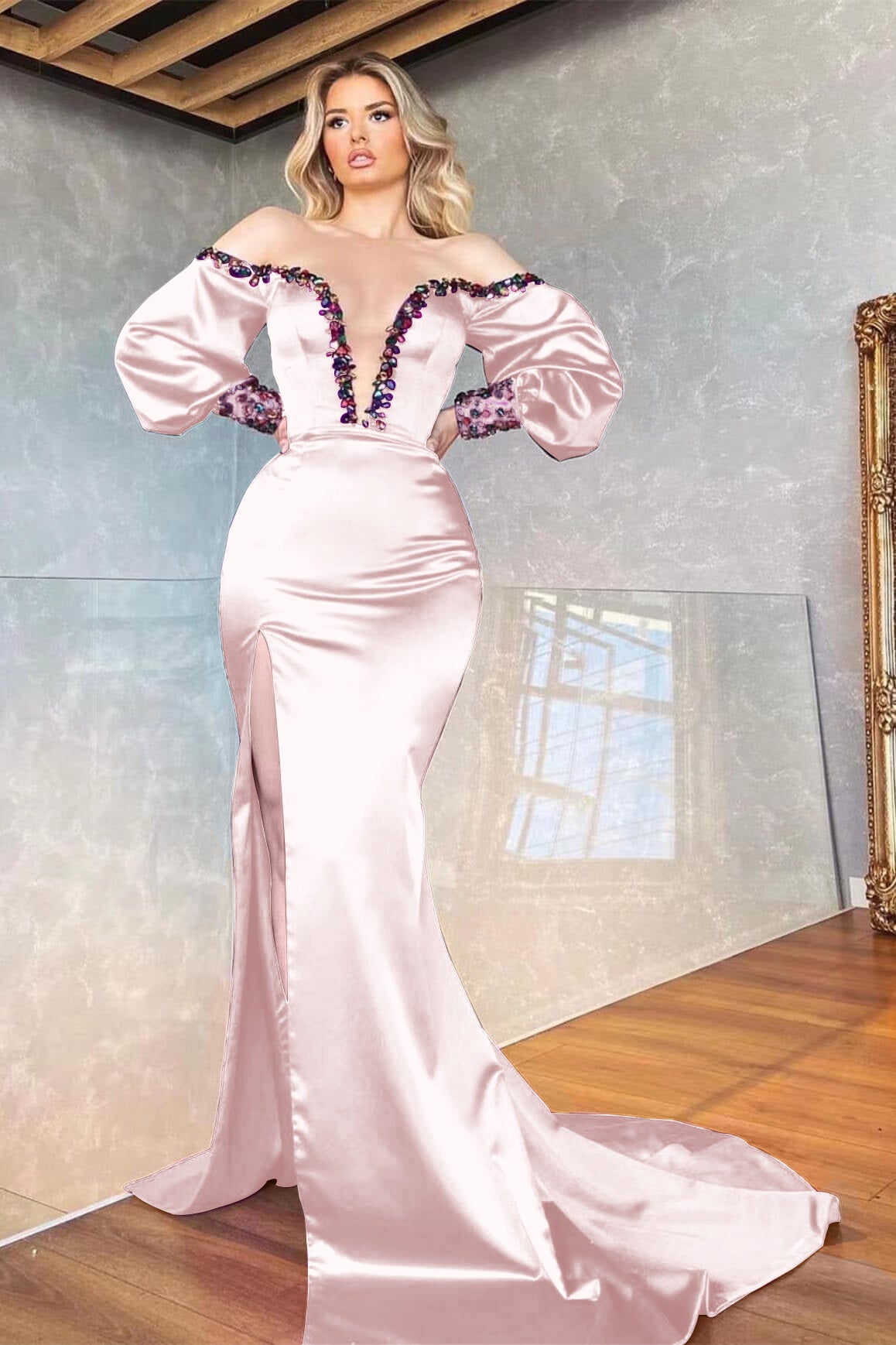 Purple V-Neck Mermaid Beadings Front Split Prom Dress Off-The-Shoulder With Long Sleeves ED0175