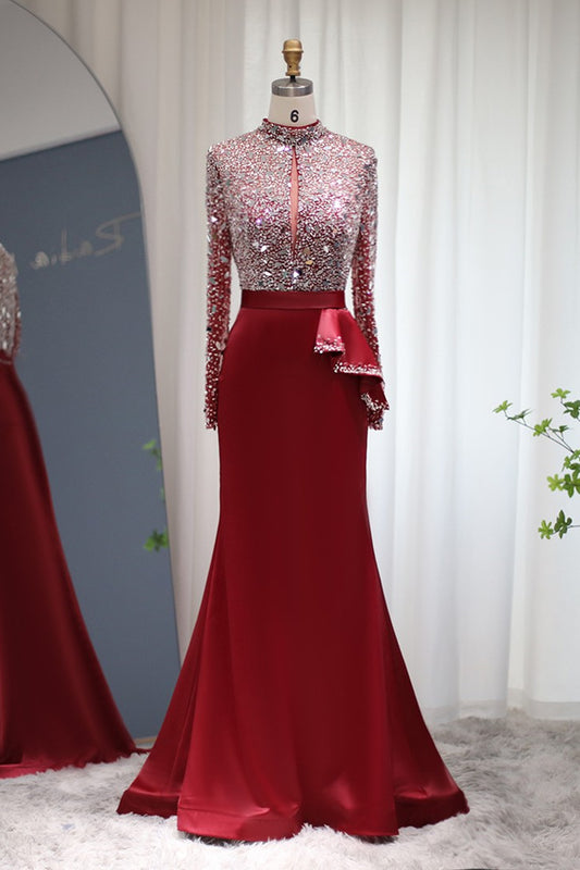 Edgynewlook Red Jewel Neck Mermaid Prom Dress Long Sleeves With Sparkle Sequins