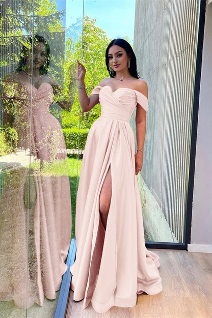 Glorious Dusty Pink Off-The-Shoulder Evening Front Split Prom Dress With Sweetheart ED0043