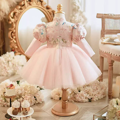 High Neck Knee Length Long Sleeves Embroidery Baby Girl Party Dress