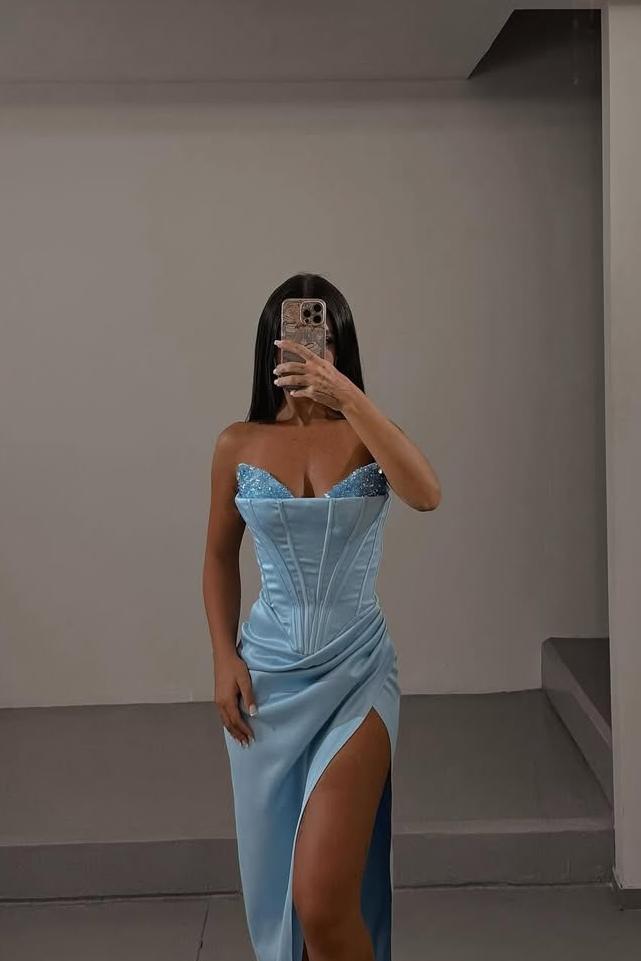 edgynewlook Charming Sky Blue Satin Strapless Sleeveless Long Split Prom Dress with Sequins