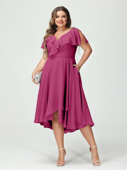 A-Line/Princess V-Neck Short Sleeves Chiffon High-Low Plus Size Bridesmaid Dresses with Pockets & Ruffles