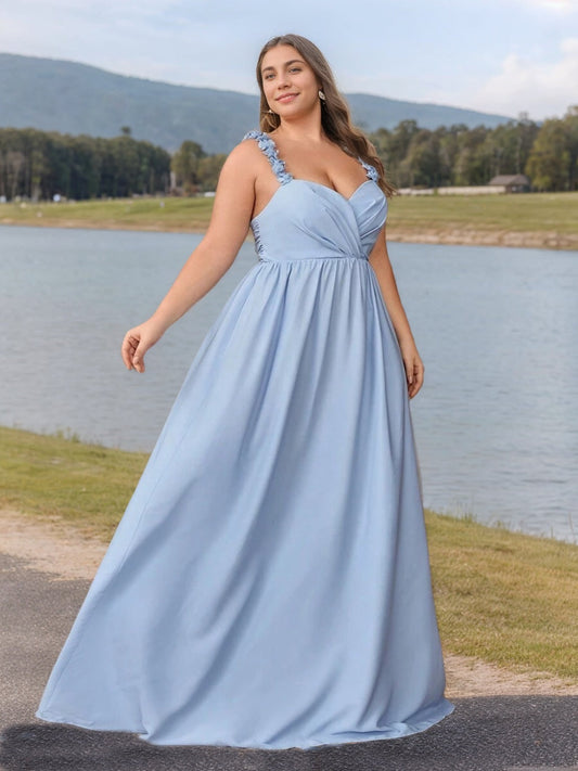 A-Line/Princess V-Neck Sleeveless Floor-Length Plus Size Bridesmaid Dresses with Ruffles & 3D Flower