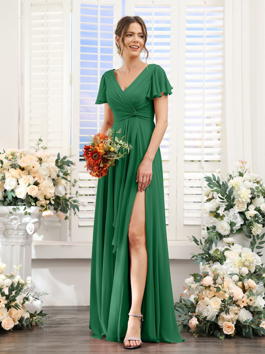 A-Line/Princess V-Neck Short Sleeves Floor-Length Bridesmaid Dresses with Split Side