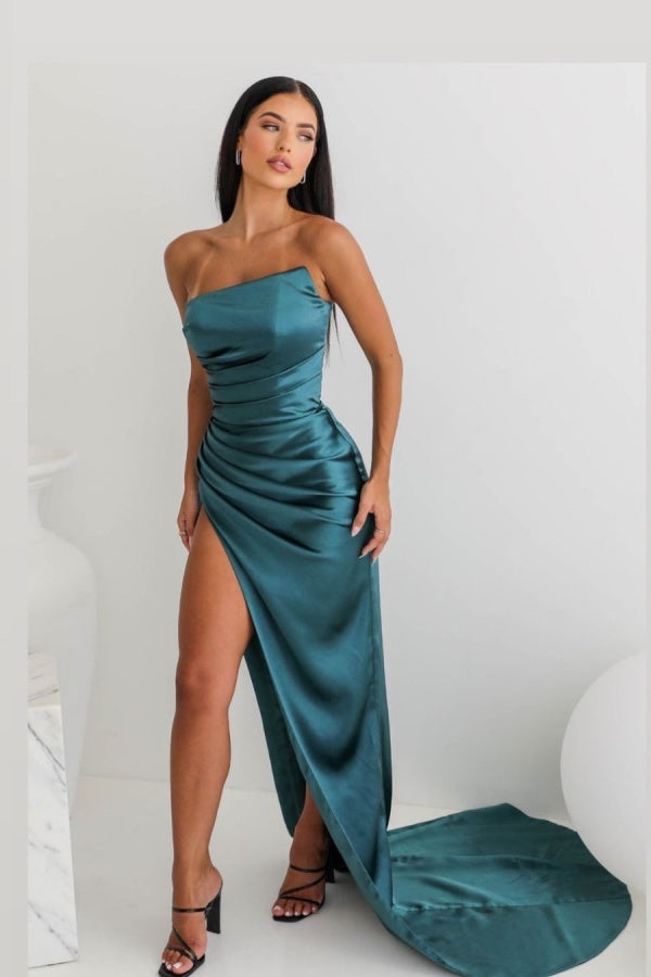 Elegant Teal Strapless Satin Prom Dress With Asymmetric Draping And Thigh-High Split ZT0160