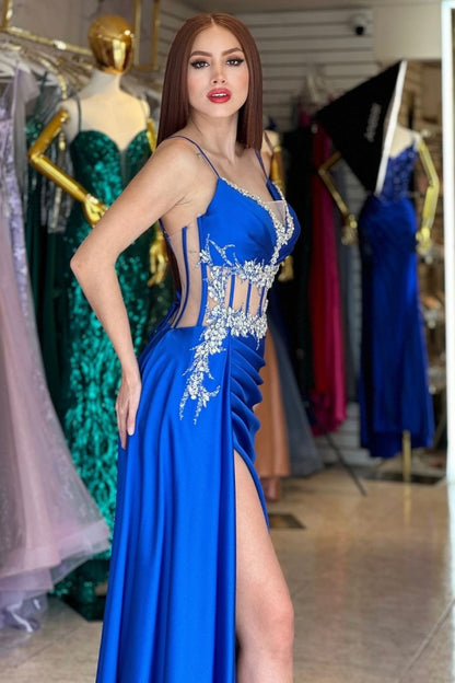 Beaded Split Royal Blue Spaghetti-Straps Prom Dress ZT0268