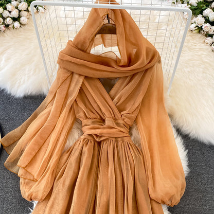 Cute V Neck Soft Chiffon Dress Fashion Girl Dress And Scarf  10791