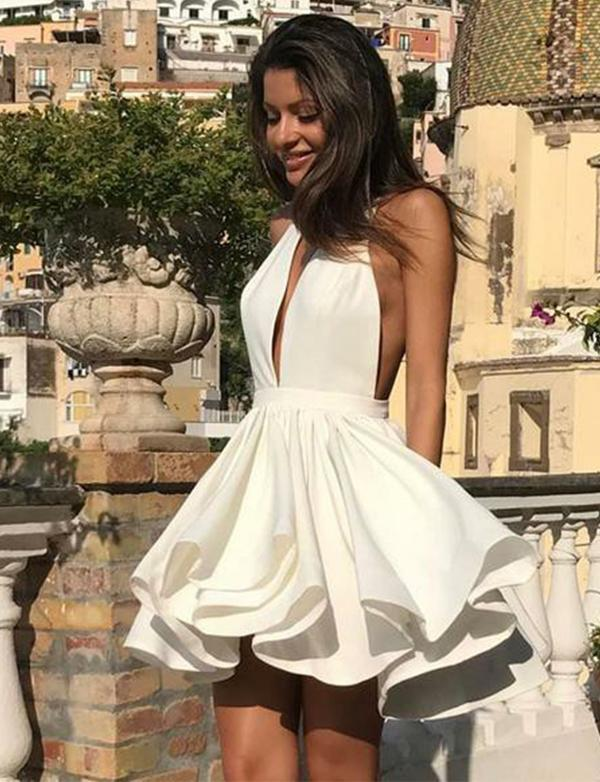 Deep V Neck White Short Homecoming Dresses Party Dresses  gh1685