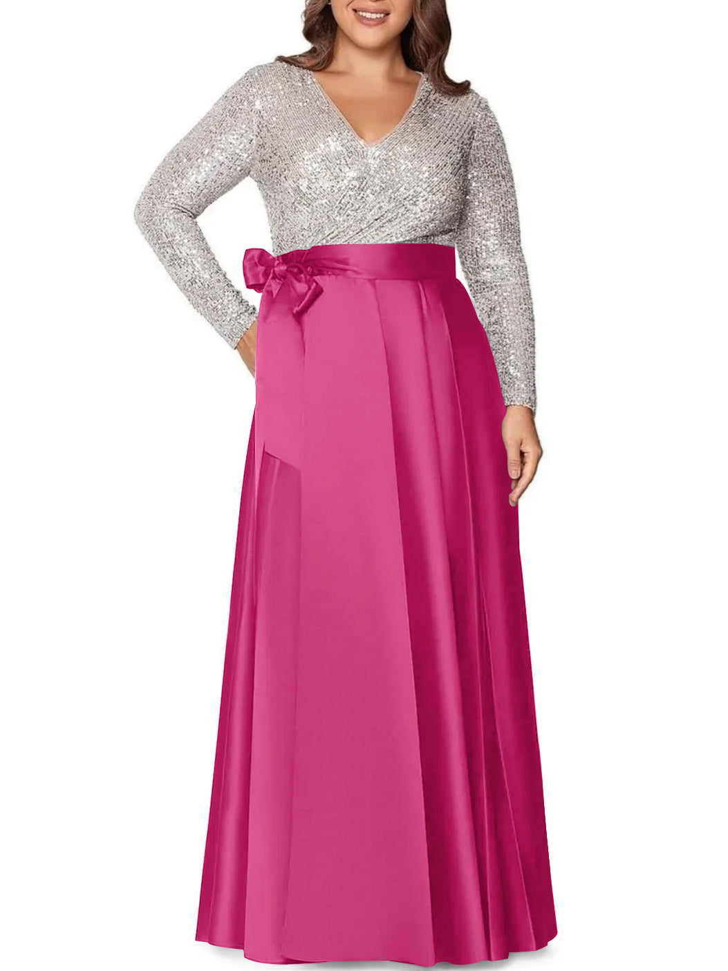 A-Line/Princess V-Neck Long Sleeves Floor-Length Plus Size Mother of the Bride Dresses With Pocket Sequins