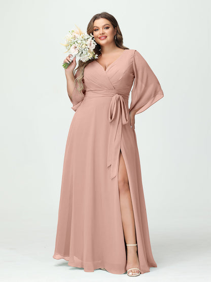 A-Line/Princess/Princess V-Neck Long Sleeves Chiffon Plus Size Bridesmaid Dresses With Pockets Belt & Split Side