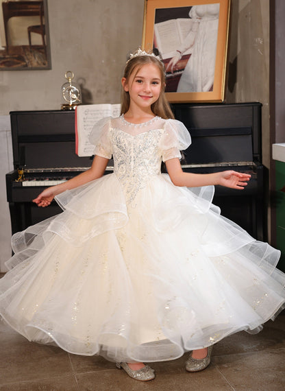 Short Sleeves A-Line/Princess Flower Girl Party Dress with Rhinestone Appliques