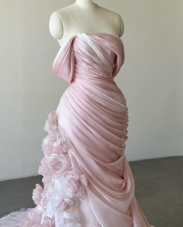 Pink Gorgeous Exquisite Floral Long Pleated Tulle Floor-Length Train Ball Gown Evening Gown Wedding Dress gh3271