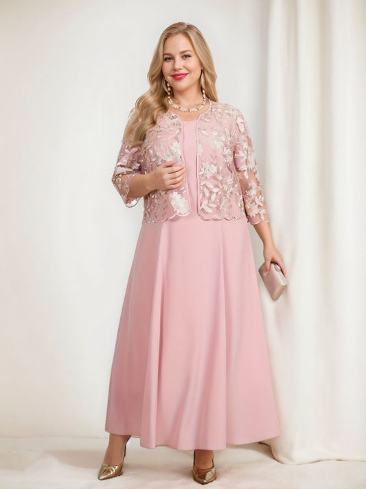 A-Line/Princess 3/4 Sleeves Tea-Length Plus Size Mother of the Bride Dresses with Appliques & Jacket