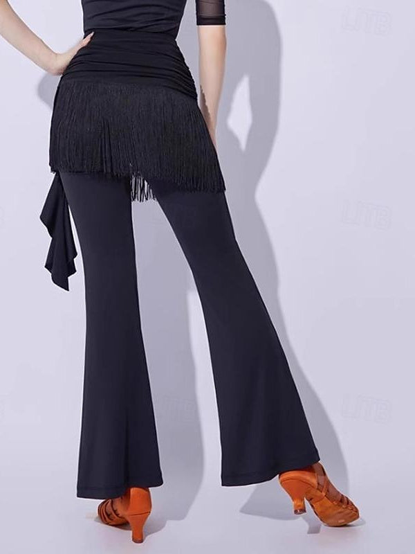 Latin Dance Ballroom Dance Pants Tassel Pure Color Splicing Women's Performance Training Milk Fiber