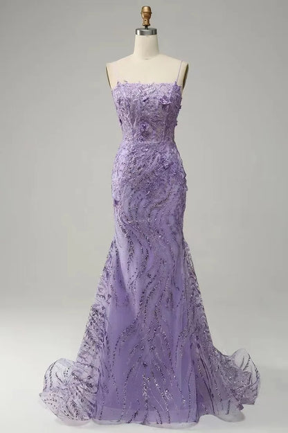 Glamorous Purple Applique Prom Dress Spaghetti Strap Mermaid Dress YX0044