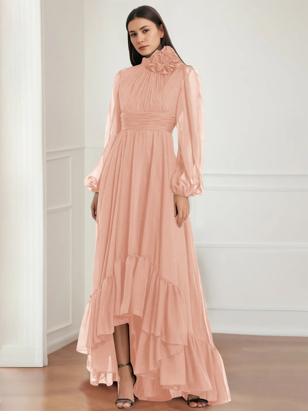 A-Line/Princess Jewel Neck Long Sleeves Asymmetrical Mother of the Bride Dresses with Flower & Ruffles