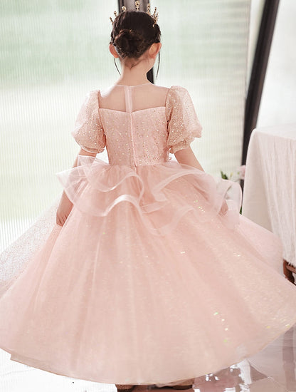 A-Line/Princess Round Neck Short Sleeves Flower Girl Party Dress with Crystal Appliques