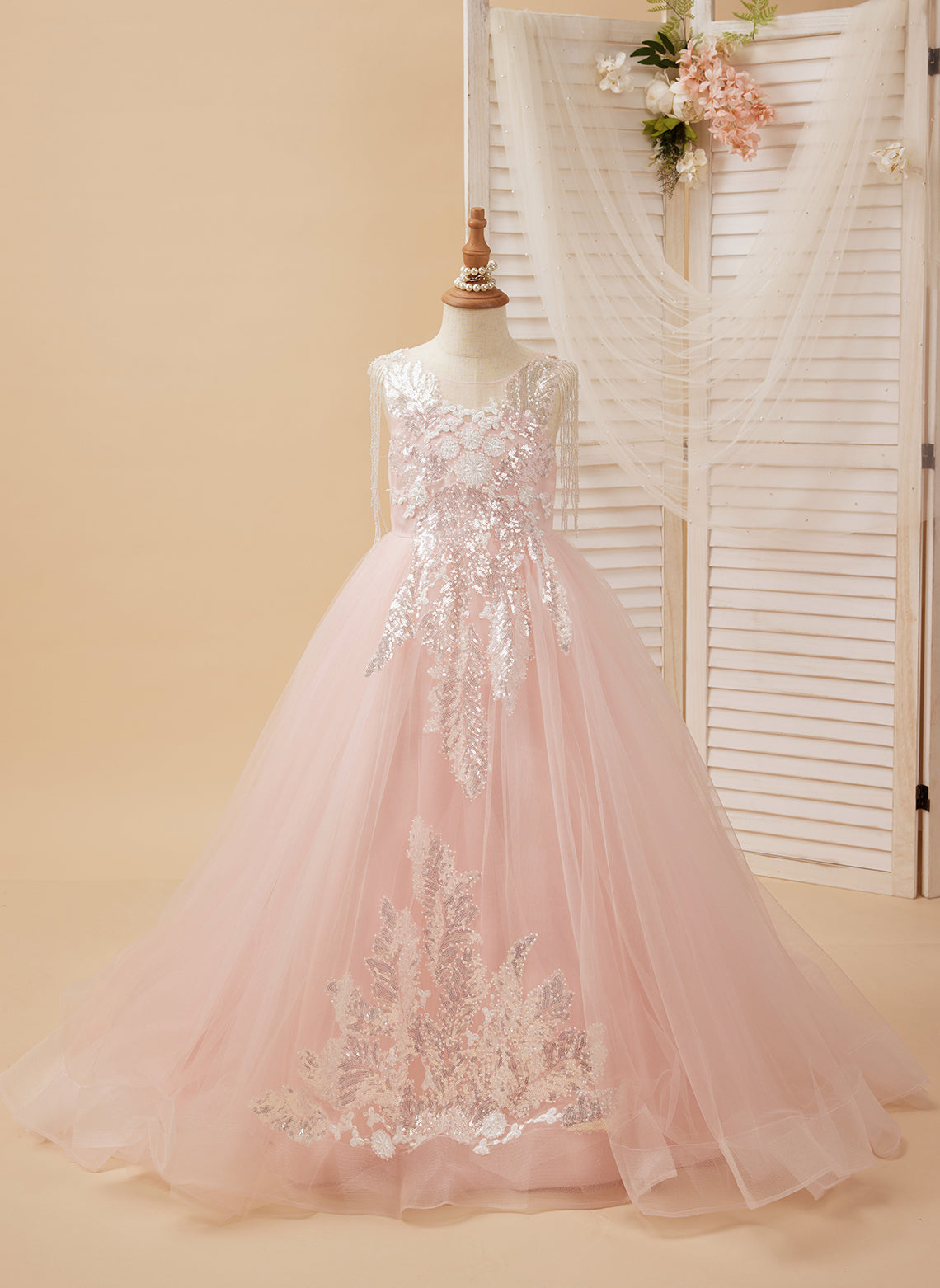 Ball-Gown/Princess Satin Tulle Floor-length Pink Flower Girl Dress