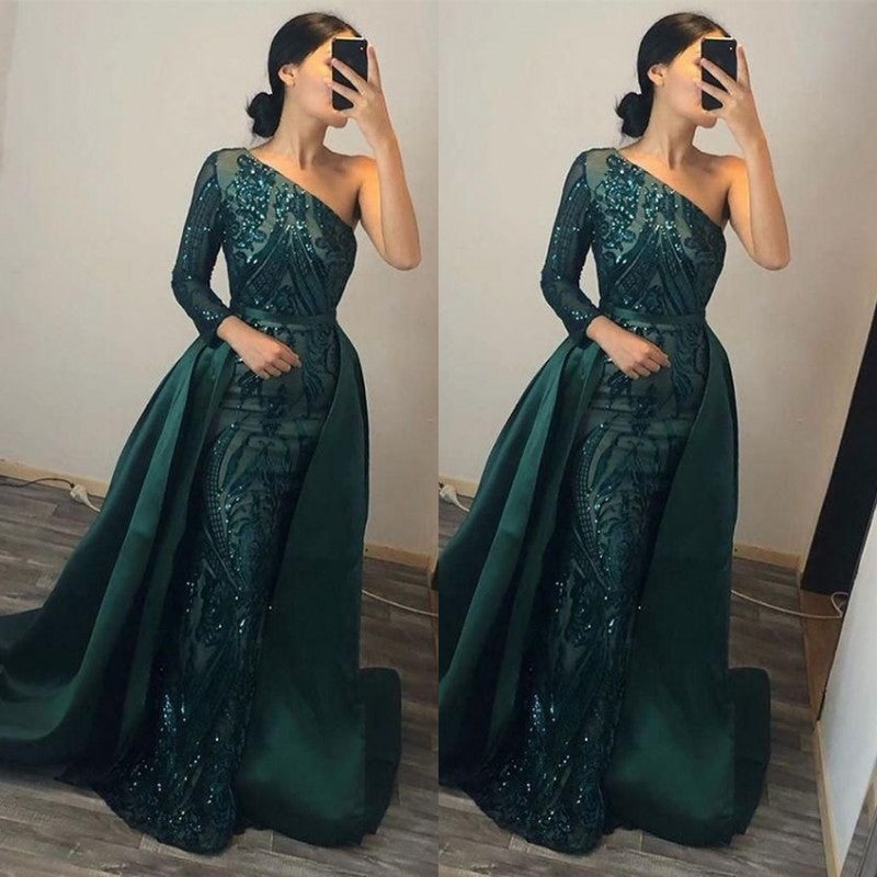 Dark Green One Shoulder Overskirt Long Sleeve Mermaid Prom Dress With Sequins PD0631