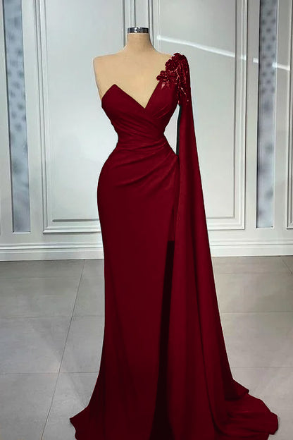 Red One Shoulder V-Neck Mermaid Prom Dress Long Appliques With Ruffles PD0618