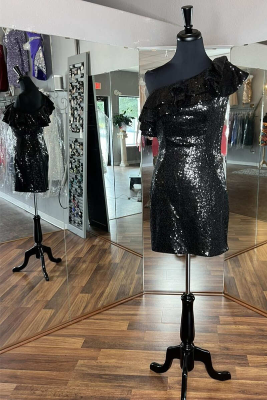 Black Sequin Ruffled One-Shoulder Short Homecoming Dress gh1233