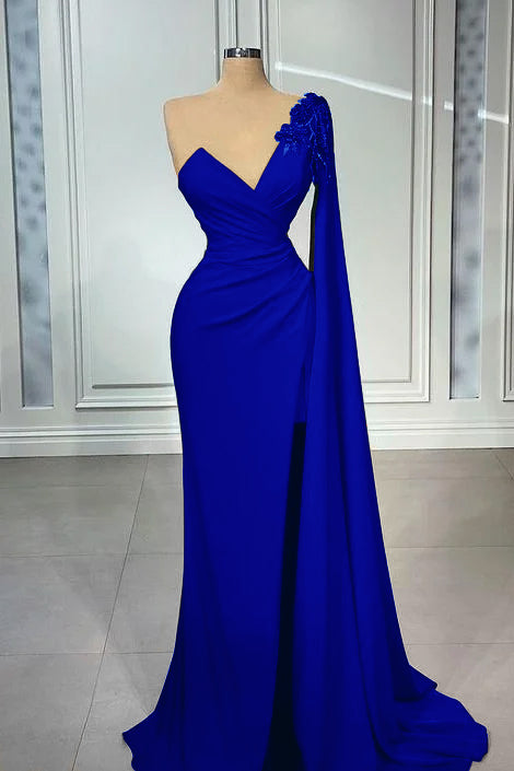 Red One Shoulder V-Neck Mermaid Prom Dress Long Appliques With Ruffles PD0618