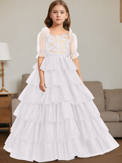 Ball-Gown Scoop Neck Sleeveless Floor-Length Flower Girl Dress with Lace