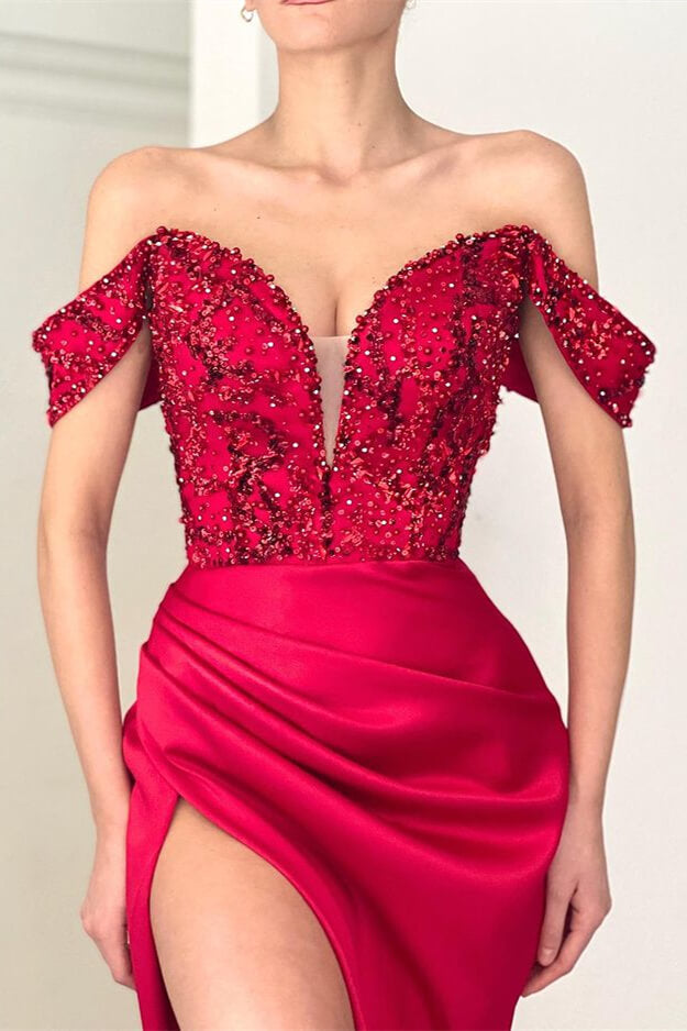 Modern Burgundy Off-The-Shoulder Deep V-Neck Mermaid Prom Dress Sequins Beadings With Split ED0475