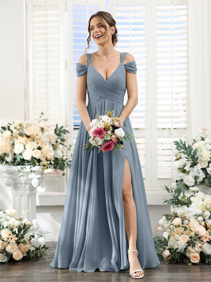 A-Line/Princess V-Neck Floor-Length Chiffon Bridesmaid Dresses with Split Side & Ruched