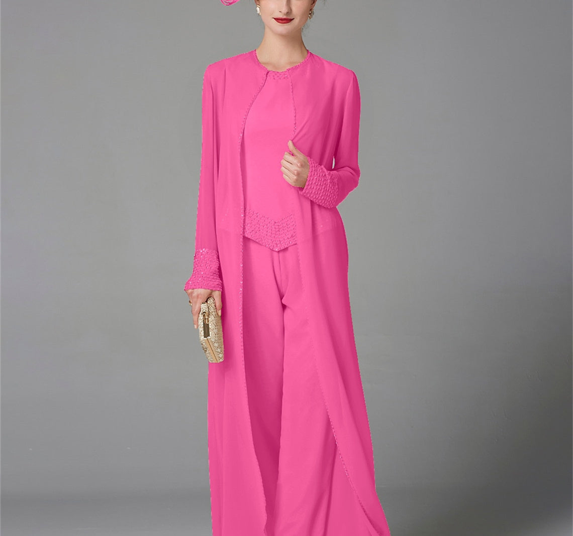 Chiffon Long Sleeves Mother of the Bride Pantsuits with Jacket & Sequins