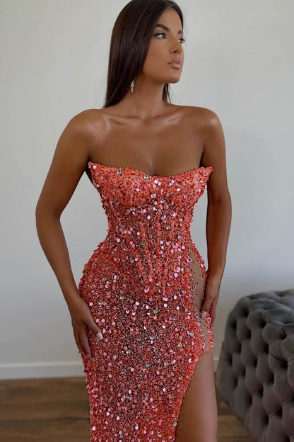 Gorgeous Orange Sequins Mermaid Sweetheart Prom Dress Split With Sleeveless ED0164