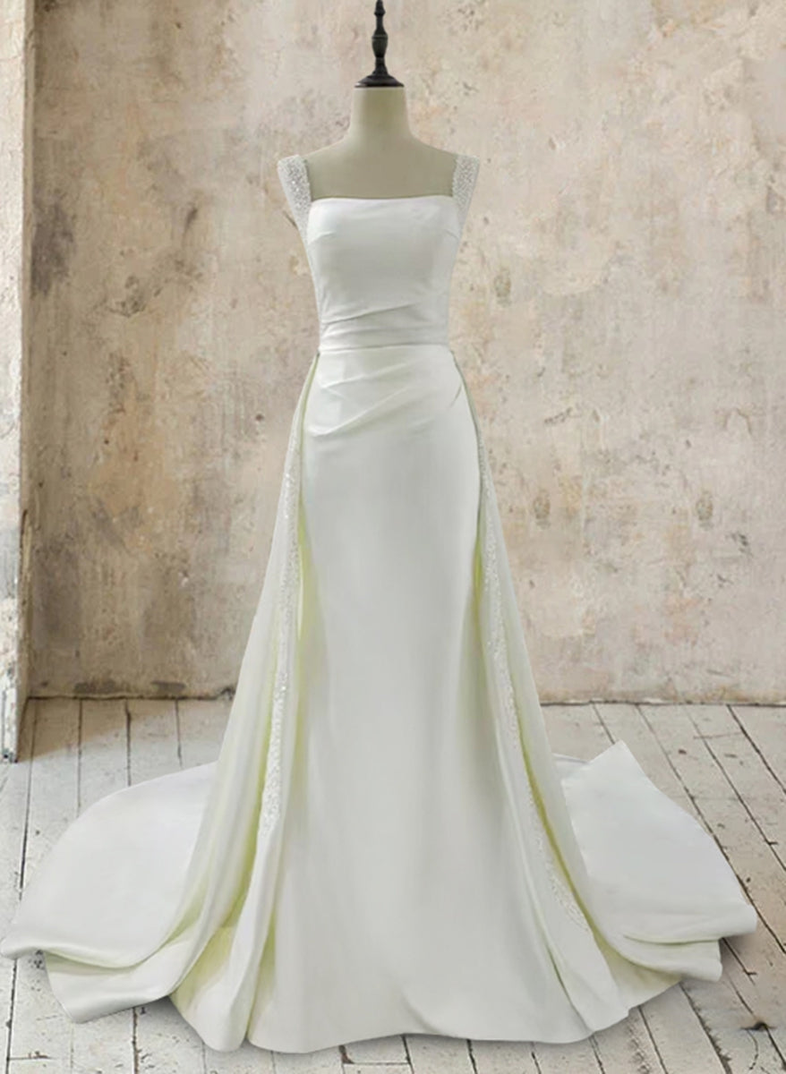 Trumpet/Mermaid White Square Neck Sleeveless Wedding Dresses with Appliques & Beadings