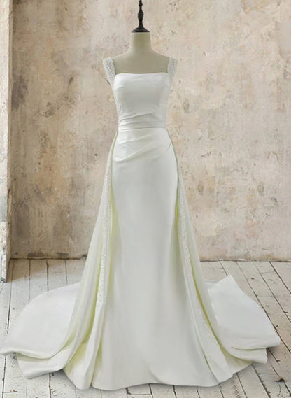 Trumpet/Mermaid White Square Neck Sleeveless Wedding Dresses with Appliques & Beadings