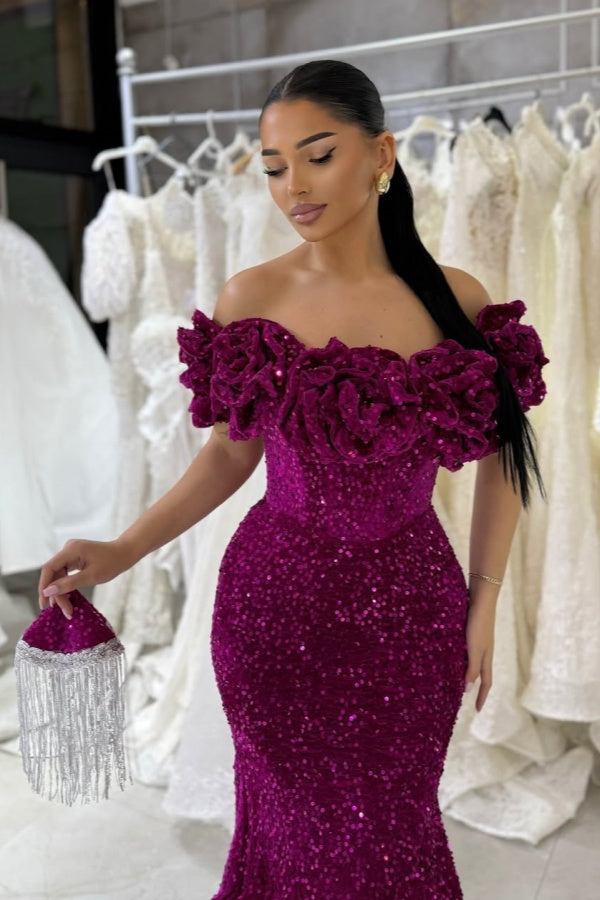 Orchid Off-The-Shoulder Velvet Sequins Mermaid Prom Dress ZT0544