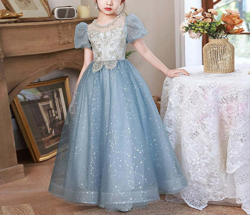 Beading Round Neck Short Sleeves Princess Girl Party Dress with Crystal Appliques