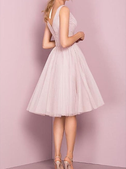 A-Line/Princess V Neck Sleeveless Tea-Length Cocktail Dresses with Pleats